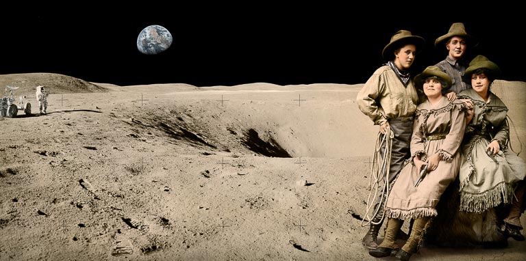 4 woman in western clothes posing the moon with a lunar vehicle and astronaut in the background.